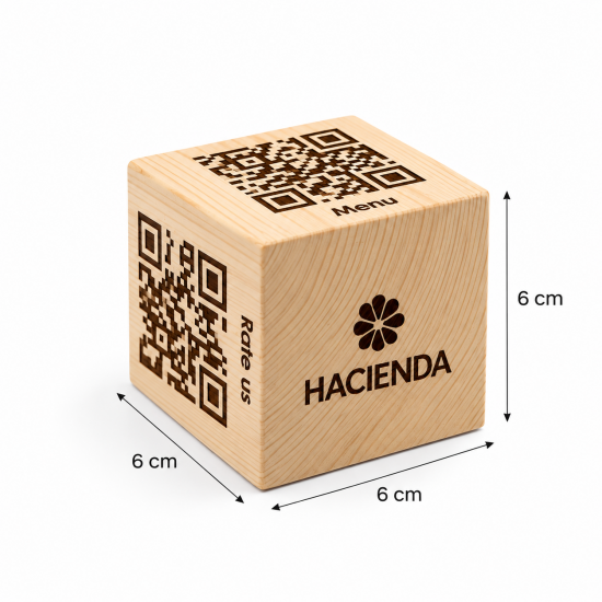 Ξύλινος Κύβος με Λογότυπο & QR Code | Μασίφ Πεύκο | 6cm